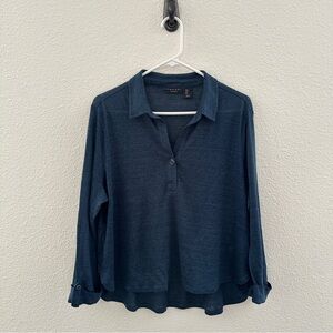 Tahari Women's Linen Navy Blue Long Sleeve Relaxed Top V Neck Roll tab Sleeve L
